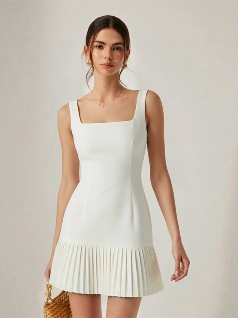 Commense Elegant Square-Neck White Pleated-Hem Dress XL NWT